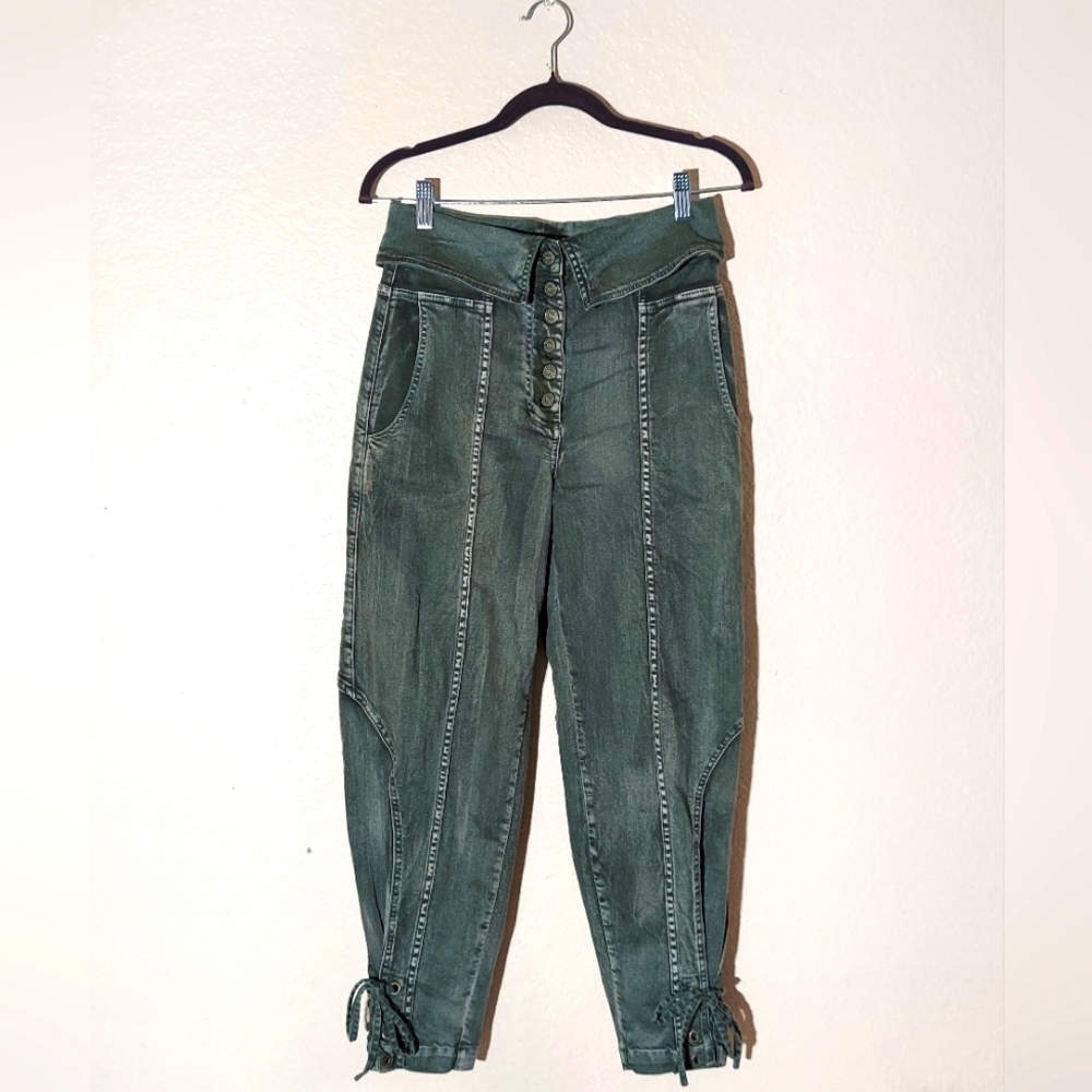 ULLA JOHNSON Kingston Green High Rise Cotton Button Fly Tapered Leg Jeans